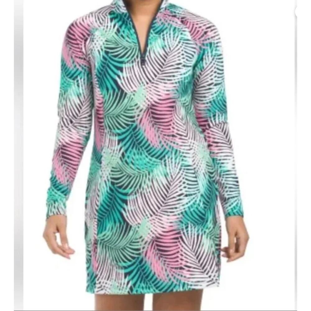 Tommy Bahama Green Pink Palm Print Long Sleeve Golf Dress S